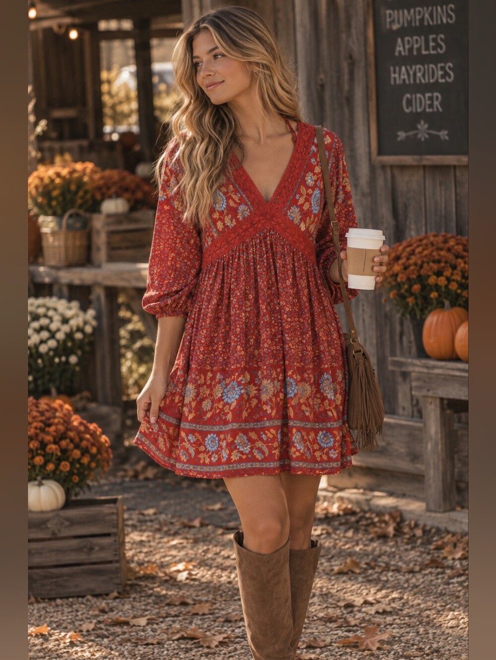 In Loom Red Floral V-Neck Boho Tunic with Blue Accents